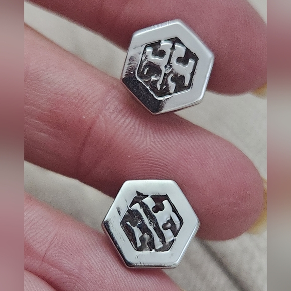 Tory Burch Silver Hexagon Logo Earrings - Picture 3 of 4